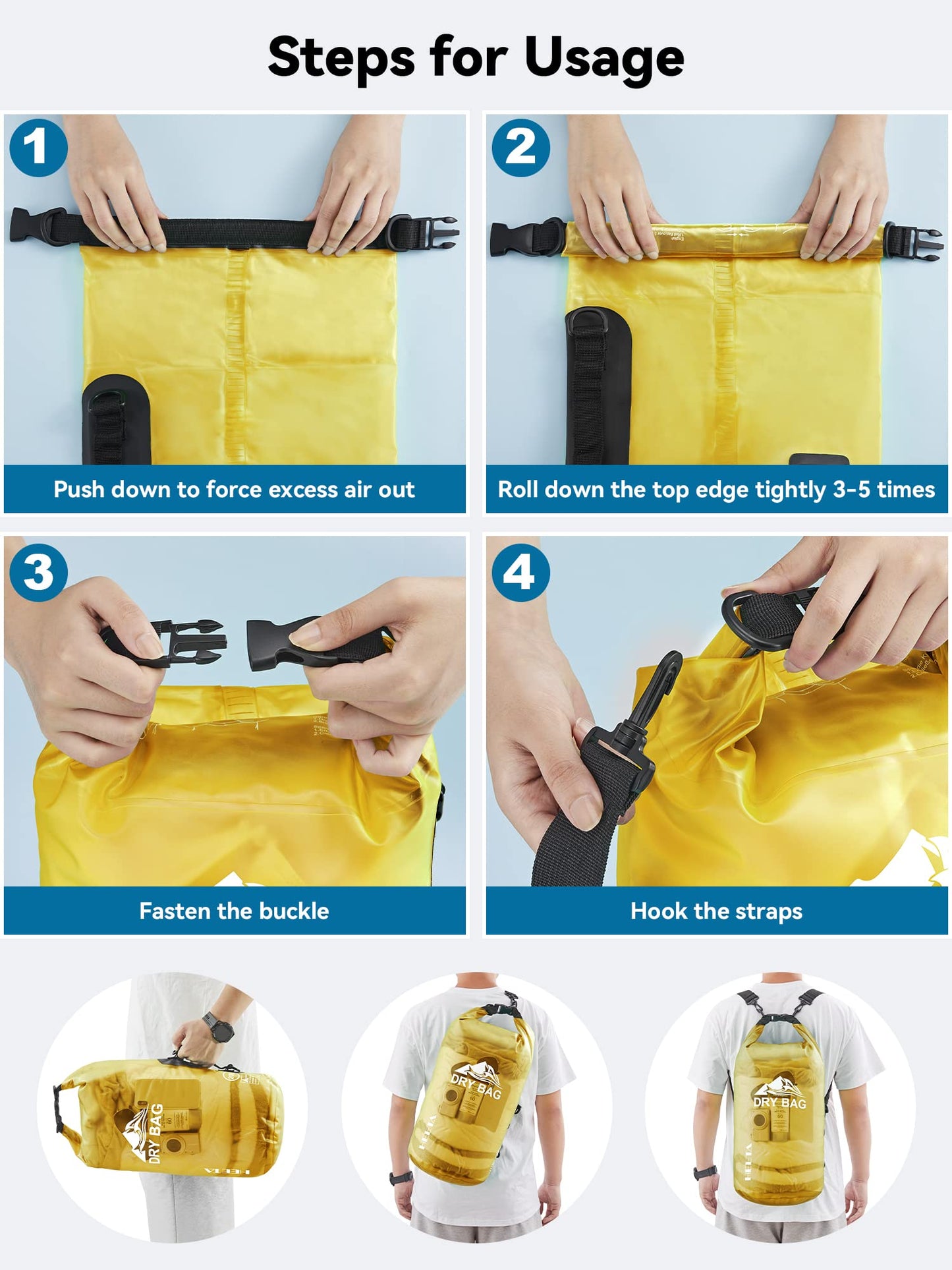 HEETA Dry Bag Waterproof for Women Men, Roll Top Lightweight Dry Storage Bag Backpack with Phone Case for Travel Swimming Boating Kayaking Paddle Board Camping Beach Accessories (Yellow, 40L)
