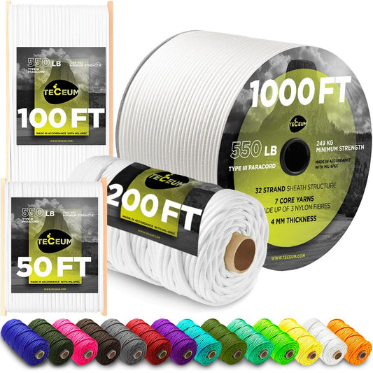 TECEUM Paracord Type III 550 White – 100 ft – 4mm – Tactical Rope MIL-SPEC – Outdoor para Cord – Camping Hiking Fishing Gear – EDC Parachute Cord –Strong Survival Rope 007