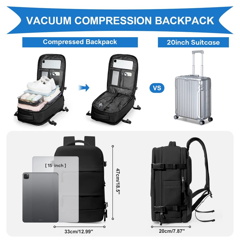 coowoz Travel Backpack with Vacuum System For Women Men,Vacuum Backpack Travel with Pump,Carry On Backpack,Personal Item Backpack Waterproof Outdoor Sports Rucksack Casual Daypack,30L,Black