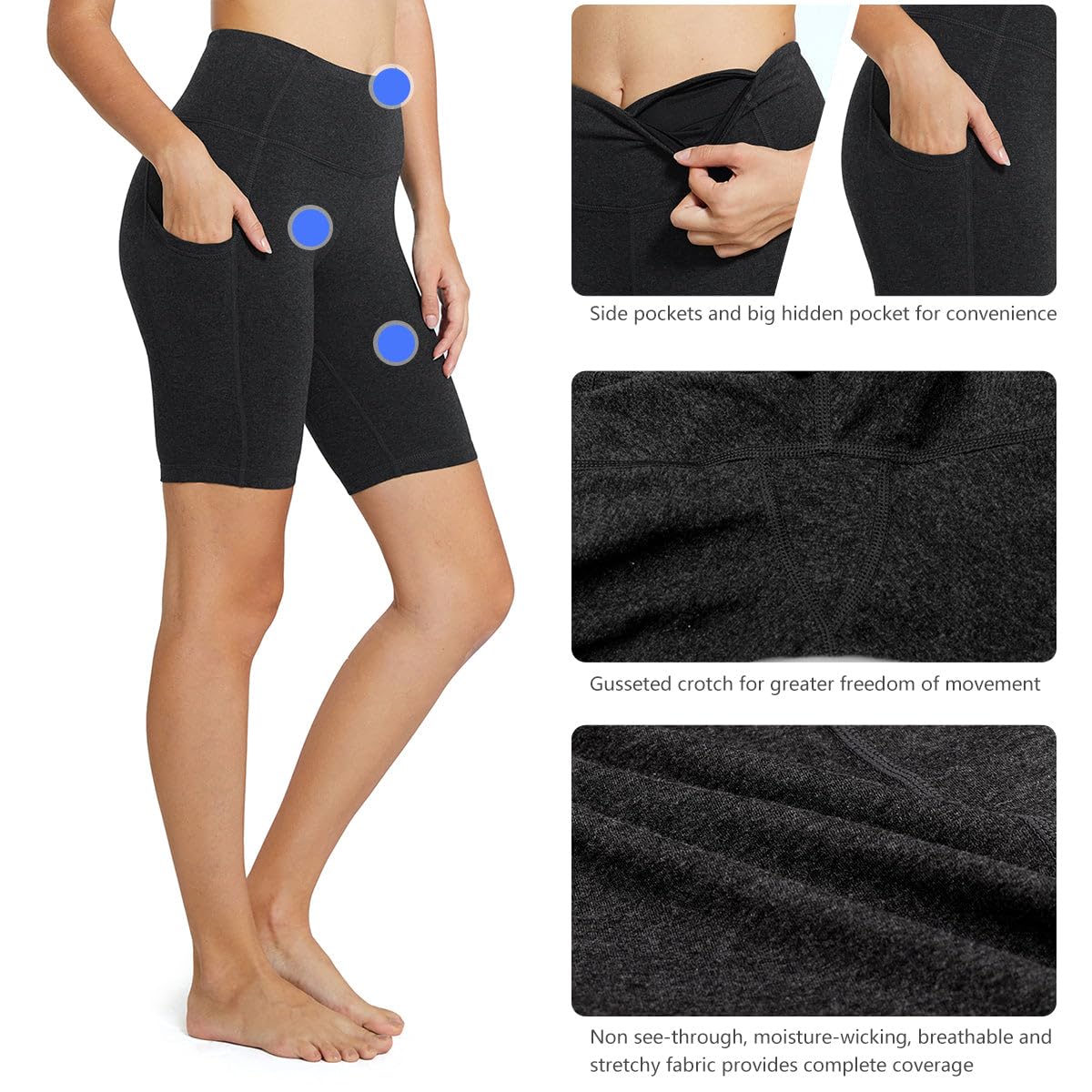 baleaf Women's High Waist Biker Shorts Tummy Control Spandex Shorts with 3 Pockets for Yoga Running Workout Compression 8" Charcoal M
