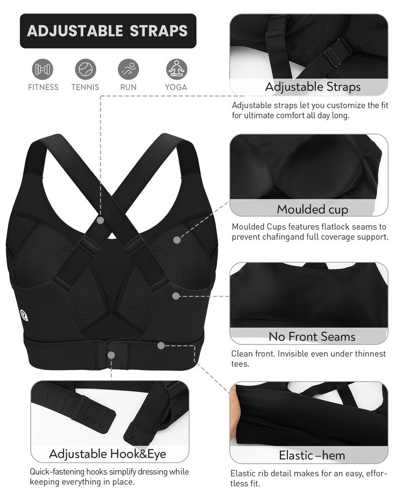 RUNNING GIRL Sports Bras for Women High Support, Adjustable Straps Hook Back Sports Bras for Women with Sewn in Pads_WX3125_Black_L