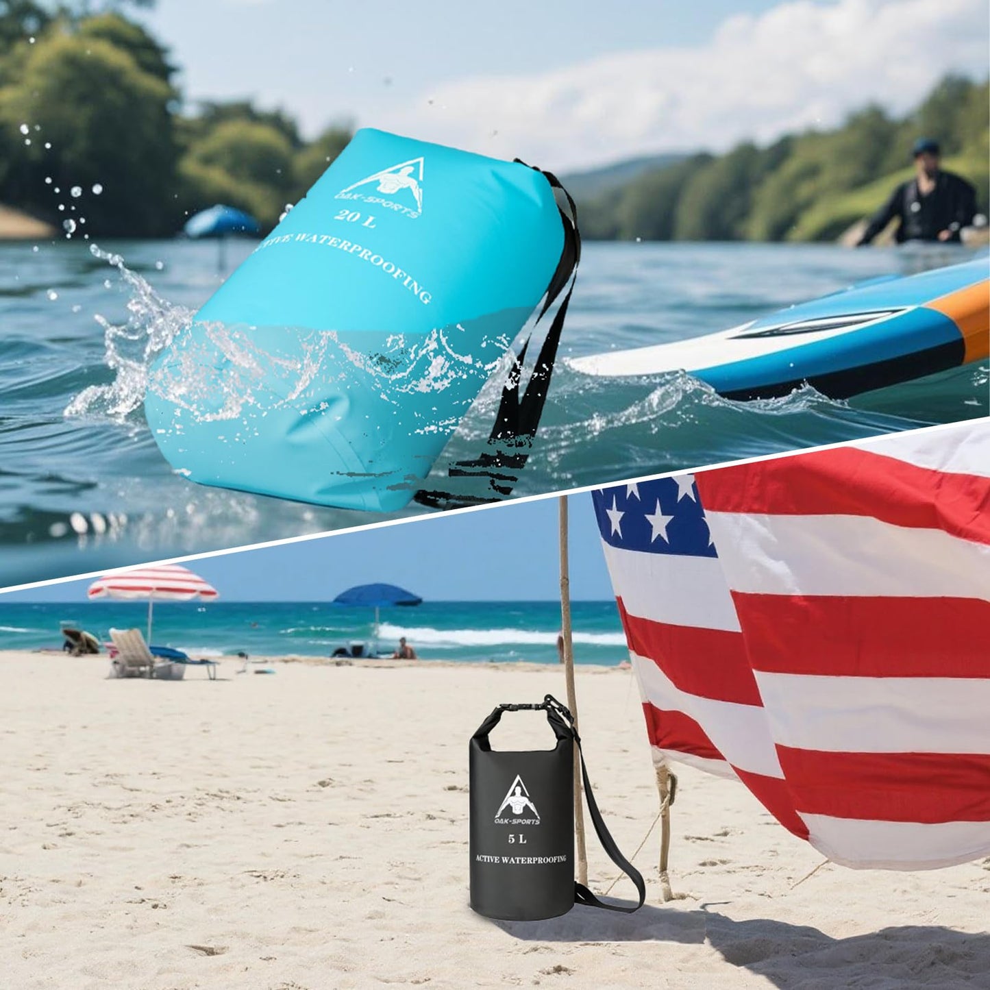 Oak-Sports Dry Bag Waterproof Backpack 5L/10L/20L, Roll Top Lightweight Beach Bag with Double Zipper Seal for Swimming, Kayaking, Hiking, Boating, Adjustable Shoulder Strap (Green, 5L)