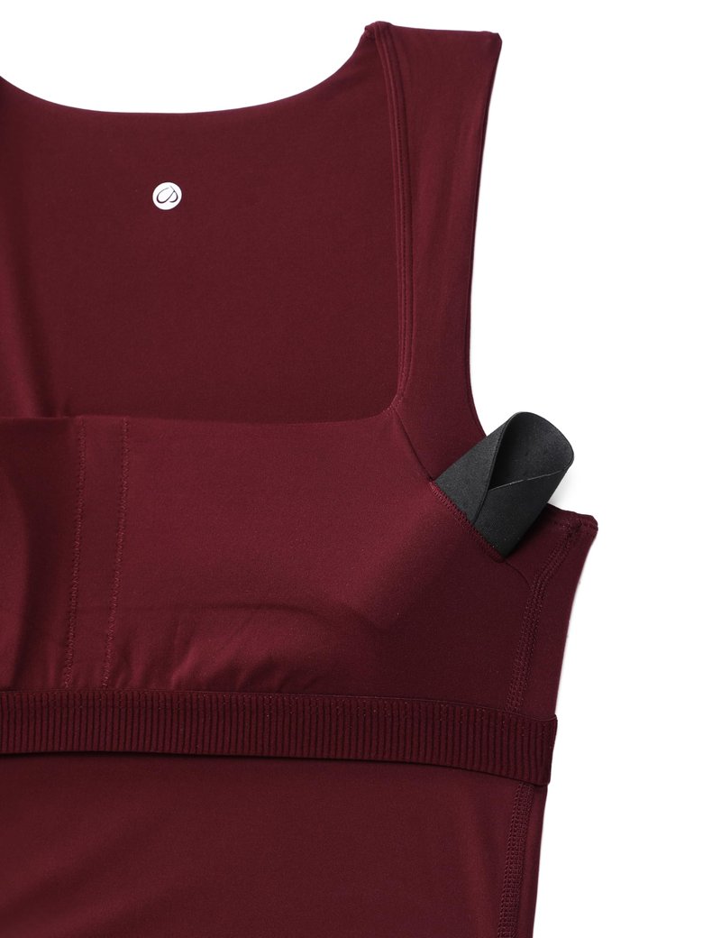 CRZ YOGA Butterluxe Womens Longline Square Neck Sports Bras - Basic Crop Tank Yoga Workout Tops with Built in Pads Red Merlot Medium