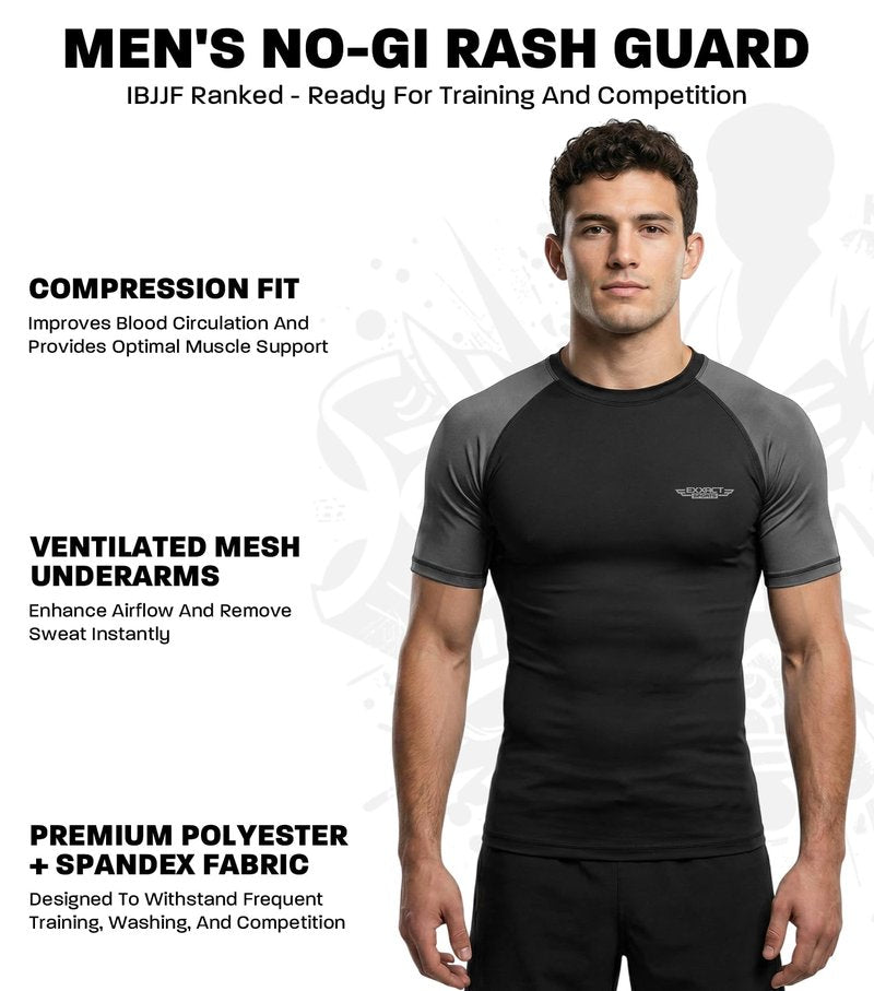 Exxact Sports Men’s BJJ Rash Guard Short Sleeve, IBJJF Ranked No Gi Jiu Jitsu Compression Shirt for MMA Grappling & Training - (Black/Grey, A2XL)