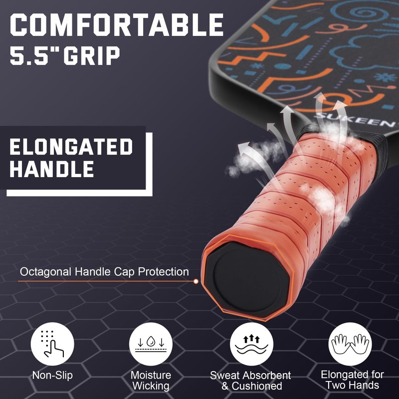 Sukeen T700 Carbon Fiber Pickleball Paddle, 16mm Pickleball Paddles with Great Grit & Spin, Pickleball Paddles Carbon Fiber Surface, 5.5" Elongated Handle, Large Sweet Spot, 2 Pickleball Balls