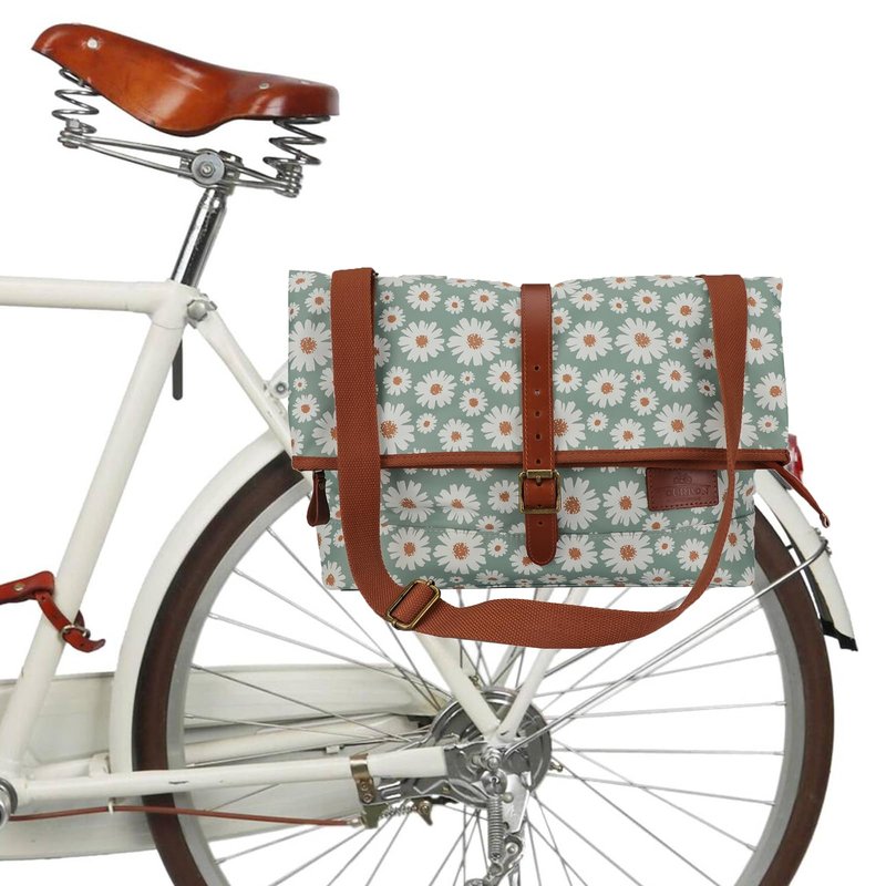 TOURBON Nylon and Leather Roll-top Clip-On Bicycle Panniers Women's Shoulder Tote Bag (Light Green with Flower)