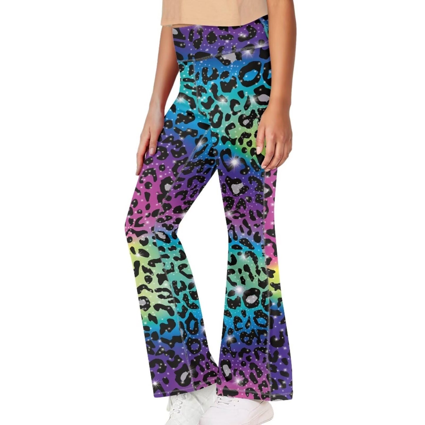 ELEDIZI Colourful Leopard Print Leggings for Teen Girls Flare Leggings Trendy Clothes for Girls 7-8 Wide Leg Yoga Pants Non See-Through Workout Pants Shapewear for Fitness Pilates Dance