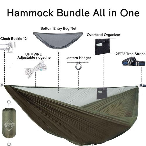 onewind 12Ft Camping Hammock with Mosquito Net, Ridgeline Double Hammock Portable Lightweight Large Hammock Ripstop Nylon Durable with 2 * 12Ft Tree Straps for Camping Hiking Backpacking, OD Green