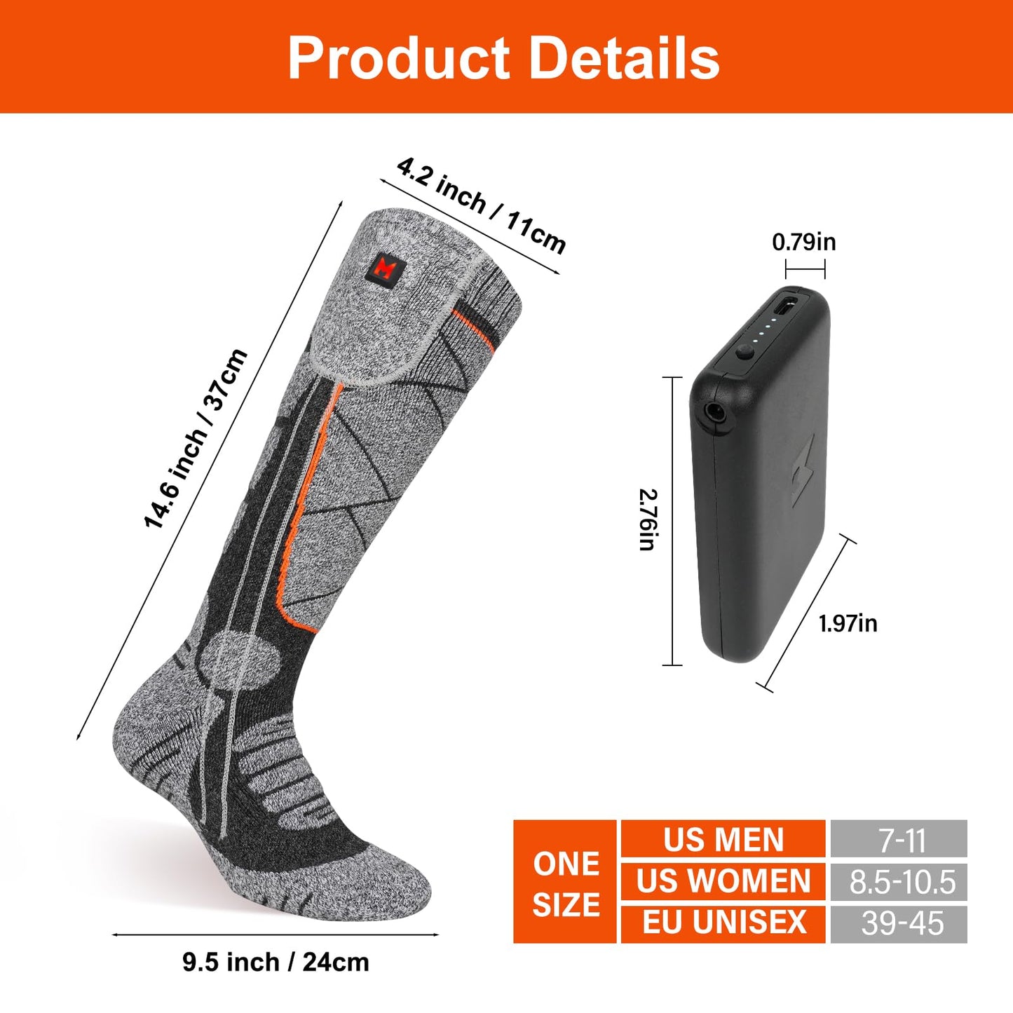 EIHBIEA Heated Socks, 5V 6000mAh Rechargeable Heated Socks for Men & Women, Electric Socks with 3 Heating Levels for Winter, Skiing, Hunting, Camping, Hiking, Cycling, Outdoor Work