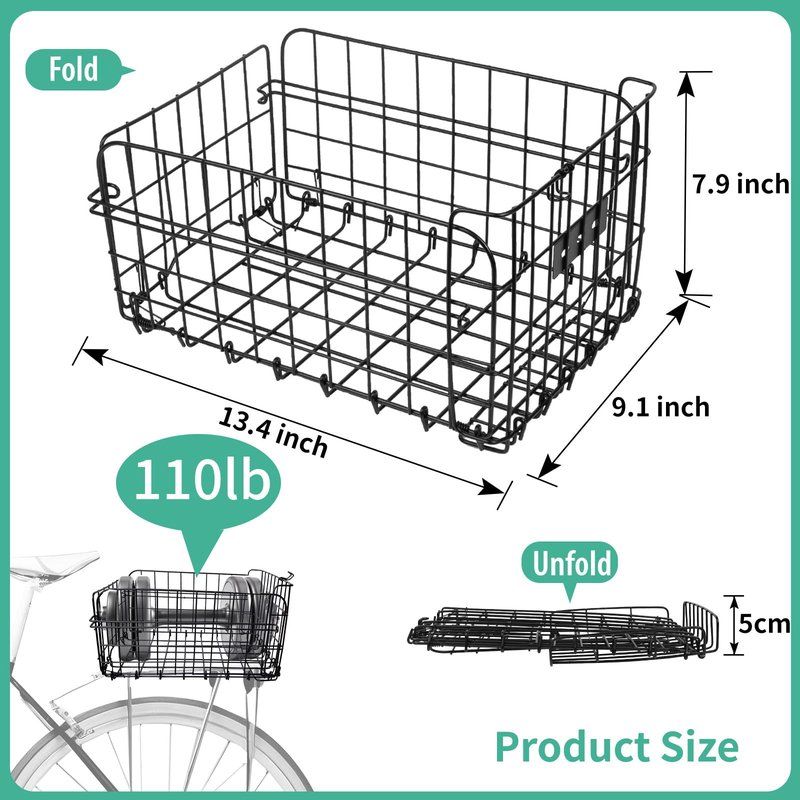 Rear Bike Basket, Heavy Duty Bike Basket with Foldable Design, 4mm Steel Frame, Waterproof Liner Bag & Cargo Net, Bike Basket for Groceries and Commuting, Fits Most Rear Bike Racks