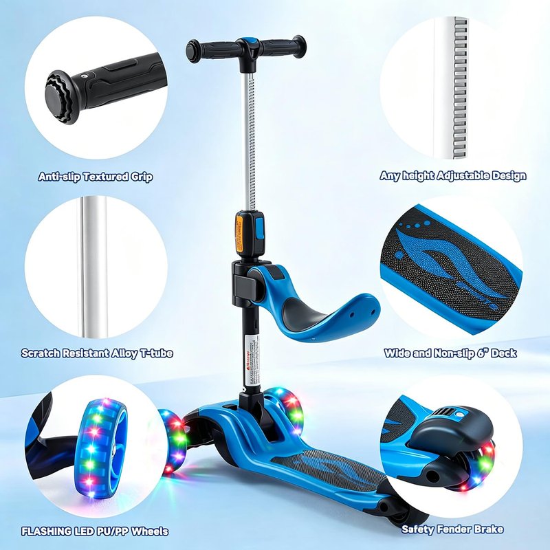 GLAMUP 3-Wheel Scooter for Kids, 2-in-1 Folding Kick Scooter with Removable Seat, Adjustable Height & Safety Lock, Lean-to-Steer, LED Light-Up Wheels for Boys and Girls Ages 3-14, Blue