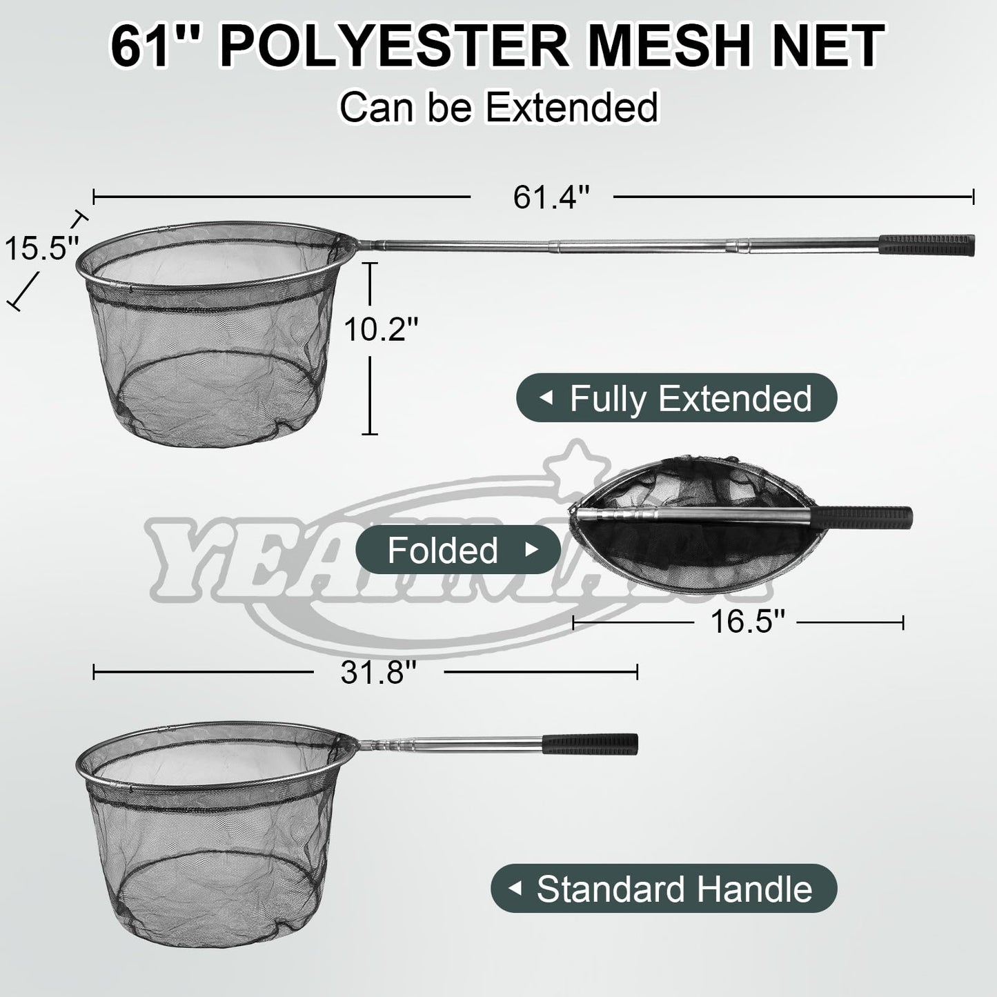 Yeahmart Fishing Net Minnow Nets with Aluminum Collapsible Telescopic Fishing Pole Handle and Nylon Mesh, Fishing Landing Net for Saltwater Freshwater, Extends to 61.4 inch (4 Sectional Handle-Round)