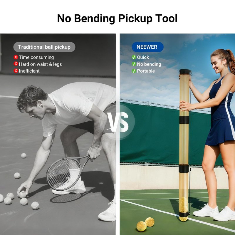 NEEWER Ball Retriever Tube Hopper for 18 Tennis Balls & 15 Pickleballs, Detachable 3 Section No Bending Pickup Picker Upper Collector with Stopper & Shoulder Strap, Orange, TB02Z