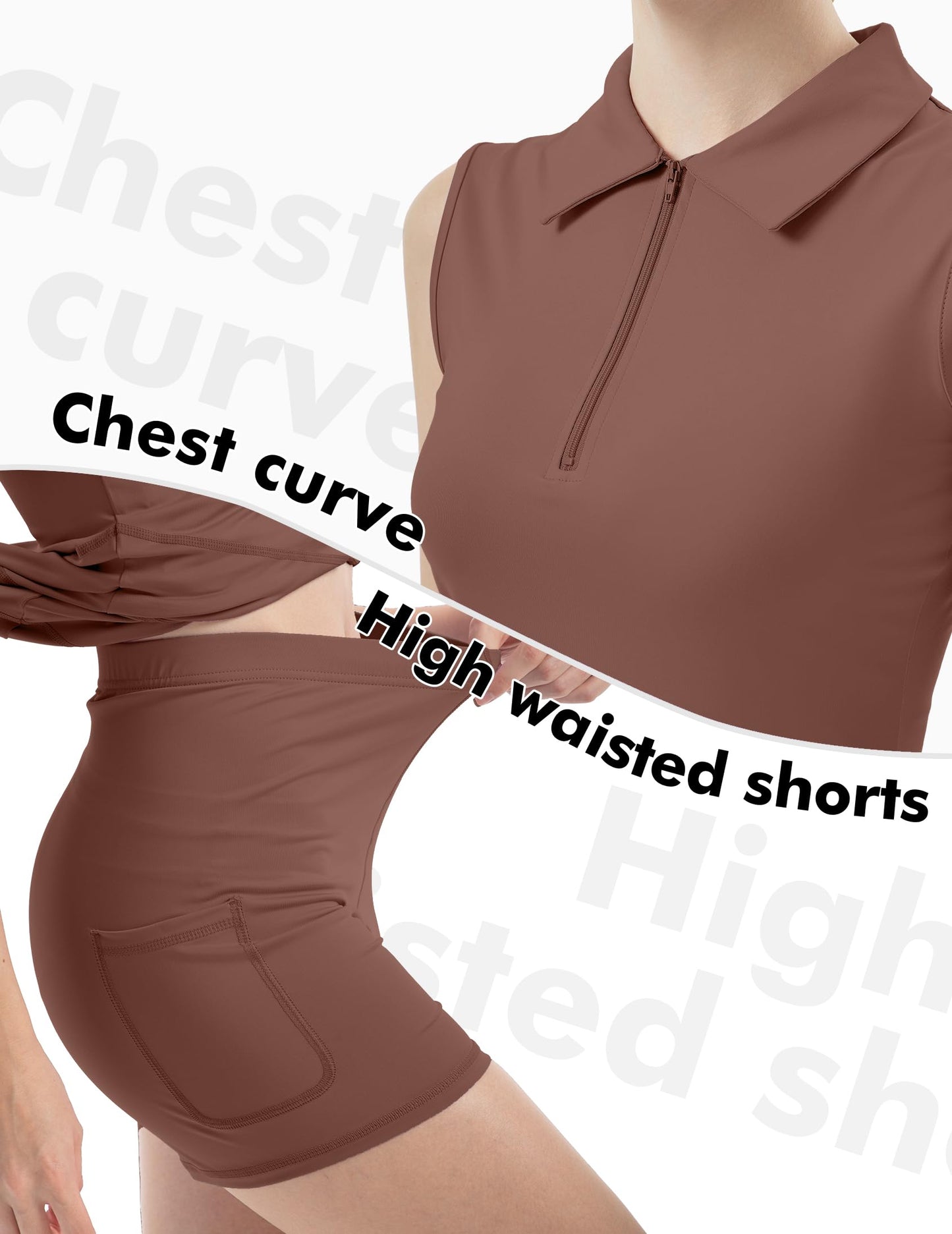 FKEEP Women's Tennis Golf Dresses Zipper V-Neck Sport Activewear with Shorts and Pocket Workout Athletic (Brown, XS)