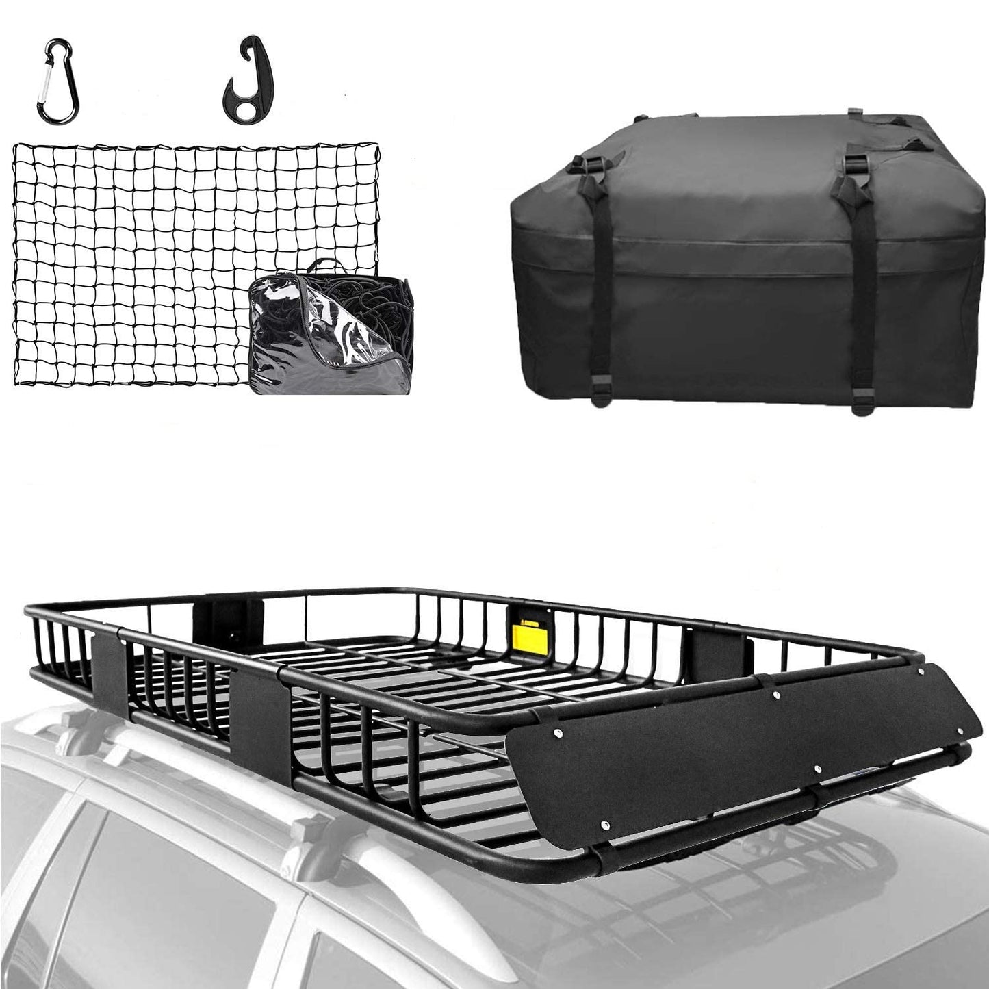 XCAR Roof Rack Basket Rooftop Cargo Carrier 64"x 39"x 4" + 3' x 4' Cargo Net + Cargo Carrier Bag 15 Cubic ft