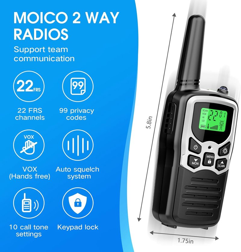 MOICO Long Range Walkie Talkies - Two-Way Radios with 22 Channels, LCD Display & LED Flashlight | Perfect for Camping & Hiking (2 Pack, Silver)