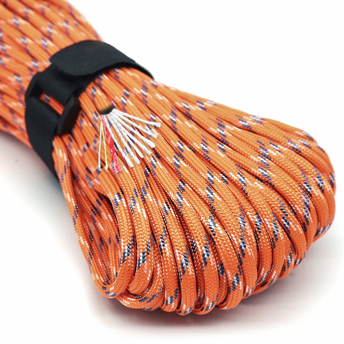 Survival Paracord Rope PSKOOK 100 Feet Fire Starter Parachute Cord 7-Strand Nylon with Red Tinder Cord PE Fishing Line Cotton Thread for Outdoor Lanyards, Bracelets, Handle Wraps (Orange Camo)