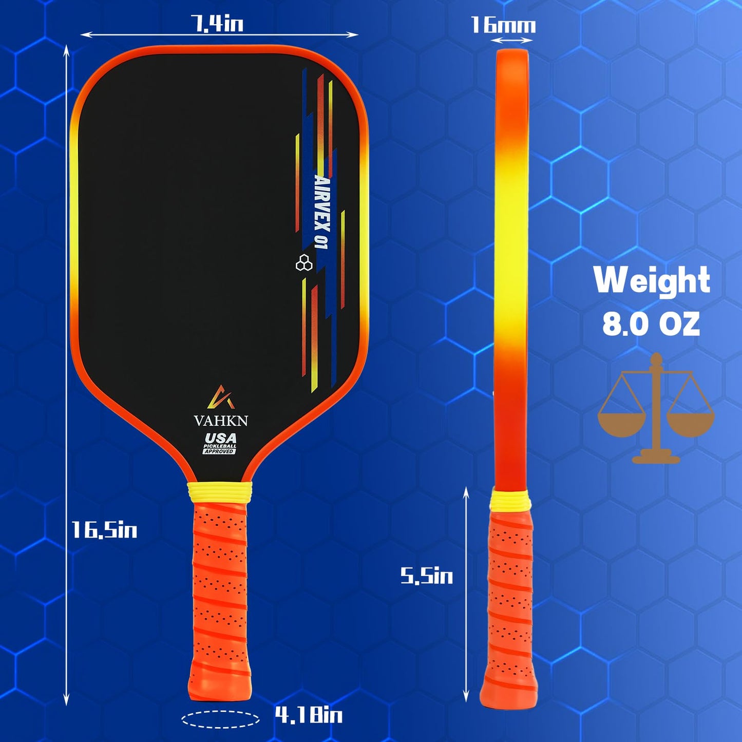 VAHKN Pickleball Paddles |16MM Carbon Fiber Pickleball Paddle | High-Spin Textured Surface & Vibrant Gradient Edge | USAPA Approved Racket for Ultimate Power,Control & Precision (Orange 1PCS)