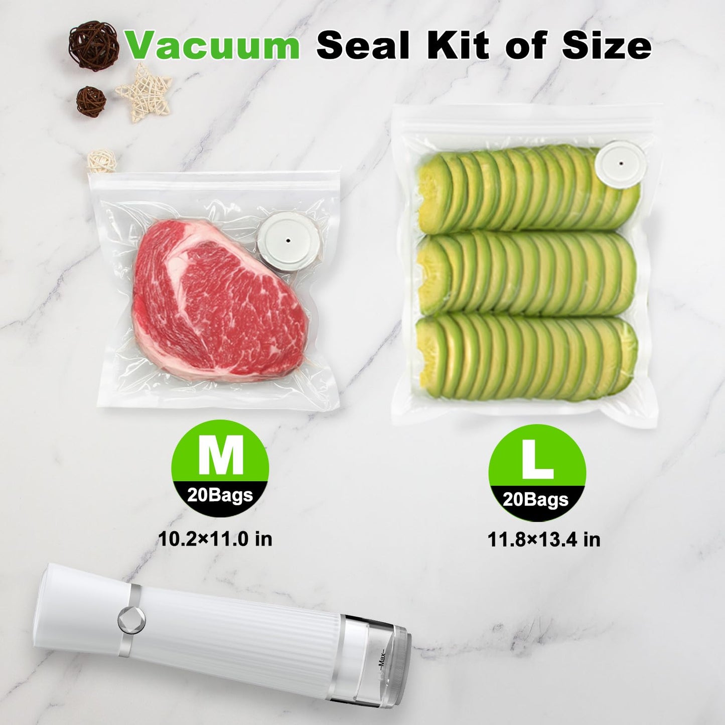 Vacuum Sealer for Food (Compact Vacuum Sealer Machine + 40 Reusable Vacuum Bags), 80Kpa Rechargeable Handheld Vacuum Sealer, Cordless & Portable for Meal Prep, Food Storage, Travel & Kitchen