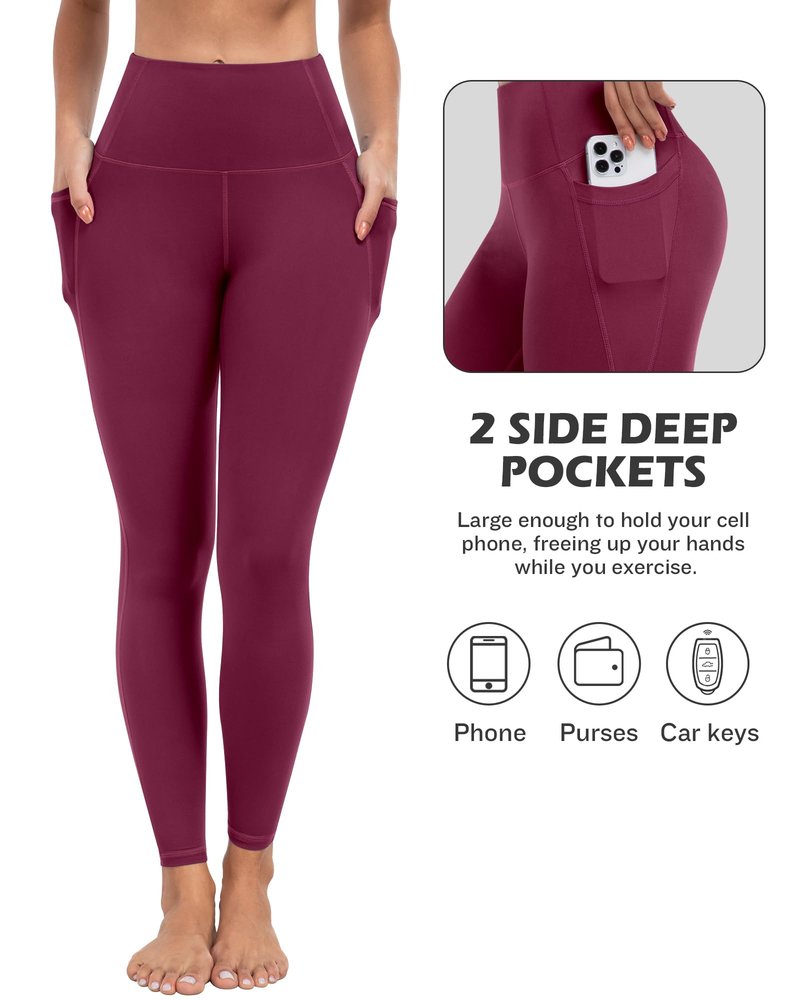 ATHVOTAR Leggings with Pockets for Women, 7 Packs High Waisted Workout Tummy Control Yoga Pants Black/Gray/Navy/Burgundy/Army Green/Dark Brown/Cassis XL