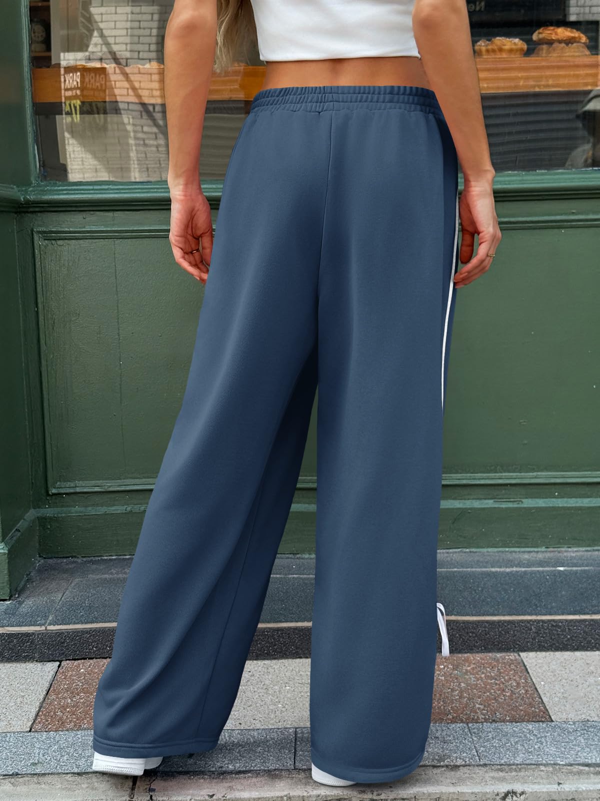Fisoew Womens Wide Leg Sweatpants High Waisted Side Slit Lounge Travel Track Pants Striped Baggy with Pockets Navy