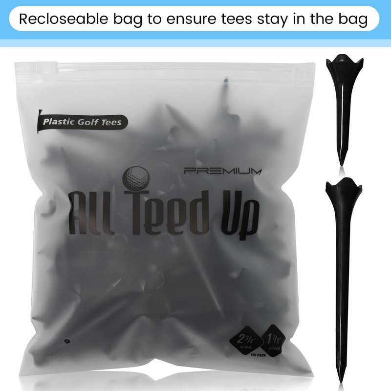 All Teed Up Premium Plastic Golf Tees - Black- 2.75 & 1.5 Inch Plastic Combo Pack