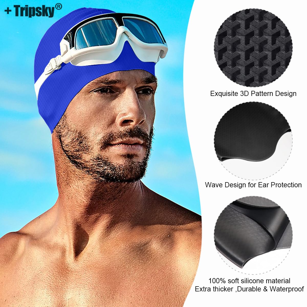 Tripsky Silicone Swim Cap for Long Hair, Swimming Cap for Women Men Teenagers, Stereoscopic Pattern Bathing Cap Ideal for Curly Short Medium Long Hair (Drak Blue)