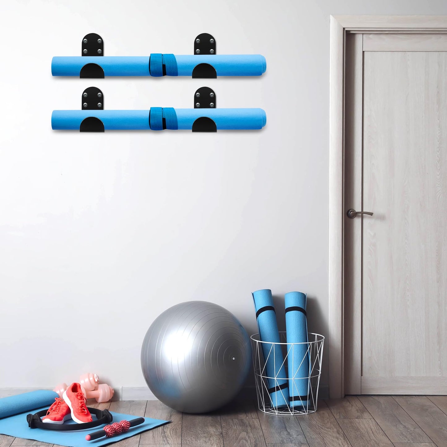 Yaocom 4 Pcs Yoga Mat Storage Rack Wall Mount Exercise Mat Wall Hanger Foam Roller Wall Holder Gym Organizer for Hanging Fitness Bands Yoga Strap Class Home Gym