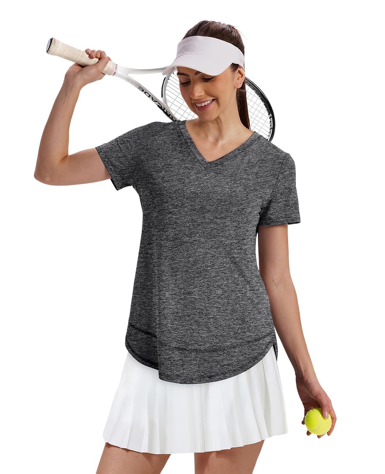 Summer Tops for Women 2026 Short Sleeve Workout Clothes Athletic Shirts Pilates Outfits Camisetas Deportivas para Mujer V Neck Dark Grey L