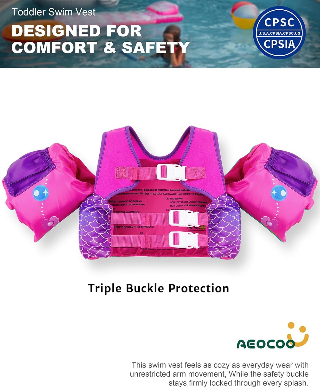 AEOCOO Puddle Float Jumper - Toddler Swim Vest for Ages 1-9 | Pool Floats with Arm Floaties & Water Wings