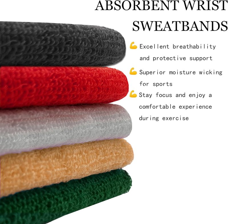 Multi-Sizes Sweatbands - Moisture-Wicking Athletic Wristbands for Men & Women | Black Cotton Terry Cloth, Perfect for Tennis, Basketball, Running & Gym
