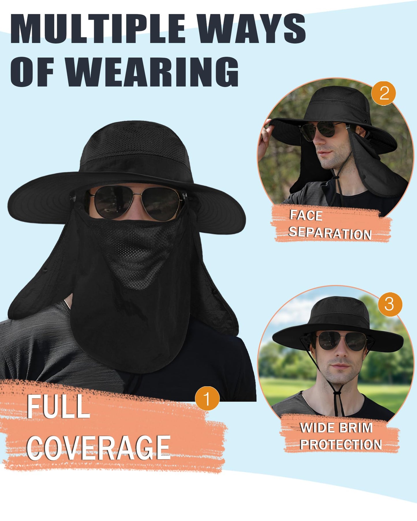 Wide Brim Sun Hat with Detachable Face Cover & Neck Flap Waterproof Safari Fishing UPF 50+ UV Protection Hat for Men Women Black