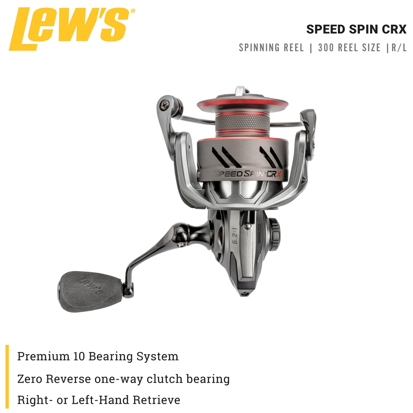 Lew’s Speed Spin CRX Spinning Fishing Reel, Size 300 Reel, 9+1 Bearings, 6.2:1 Gear Ratio, Graphite Frame and Sideplate, Solid Brass Speed Gears