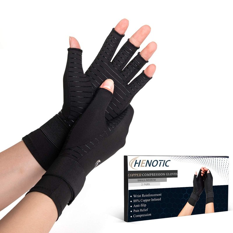 HENOTIC 2 Pairs Copper Arthritis Gloves for Women Men, Wrist Reinforcement Fingerless Arthritis Compression Gloves for Relieving Carpal Tunnel Aches, Rheumatoid Pains, Joint Swell