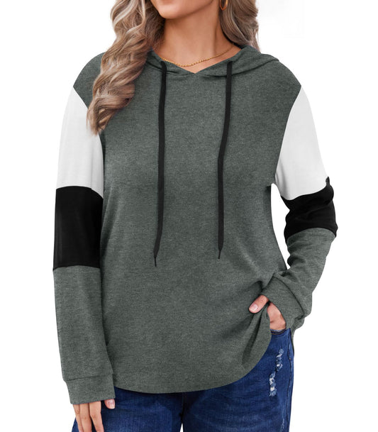 BISHUIGE Women's Winter Plus Size Fashion Color Block Hoodies Long Sleeve Tops, 2XL, Dark Gray