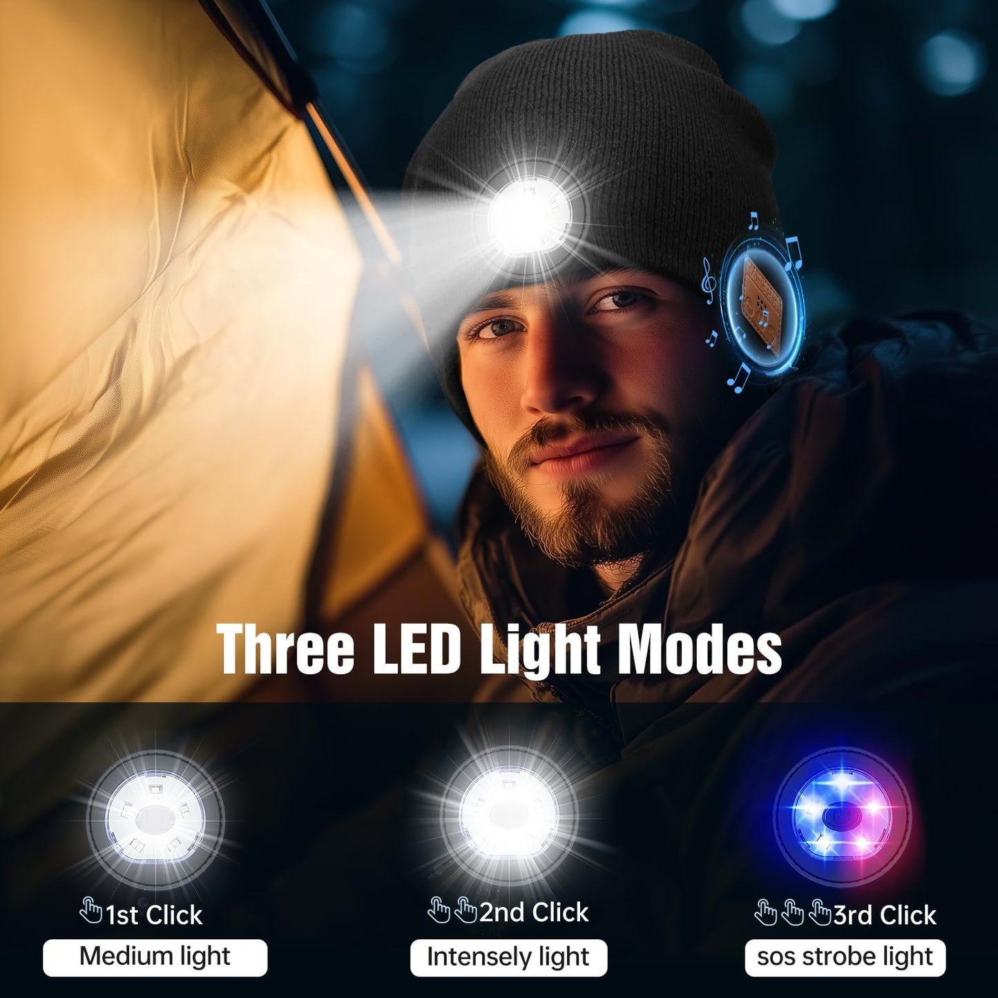 MUSIC Lighted Beanie (Bluetooth V5.4), Knitted hat with Built-in LED Lights, Microphone and Speaker