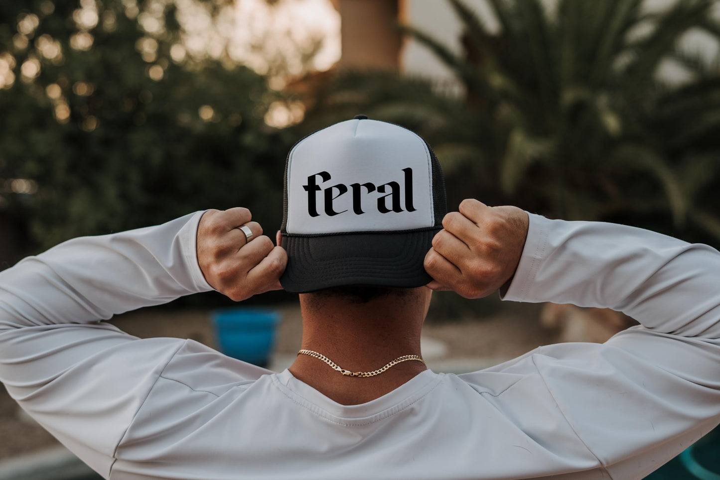 Feral Trucker Hat for Men and Women - Funny Best Friend Gag Gifts for Him Her Snapback Hat - Girls Beach or Lake Trip Gift Idea - Unisex Adult Breathable Polyester Mesh Adjustable Cap - Black