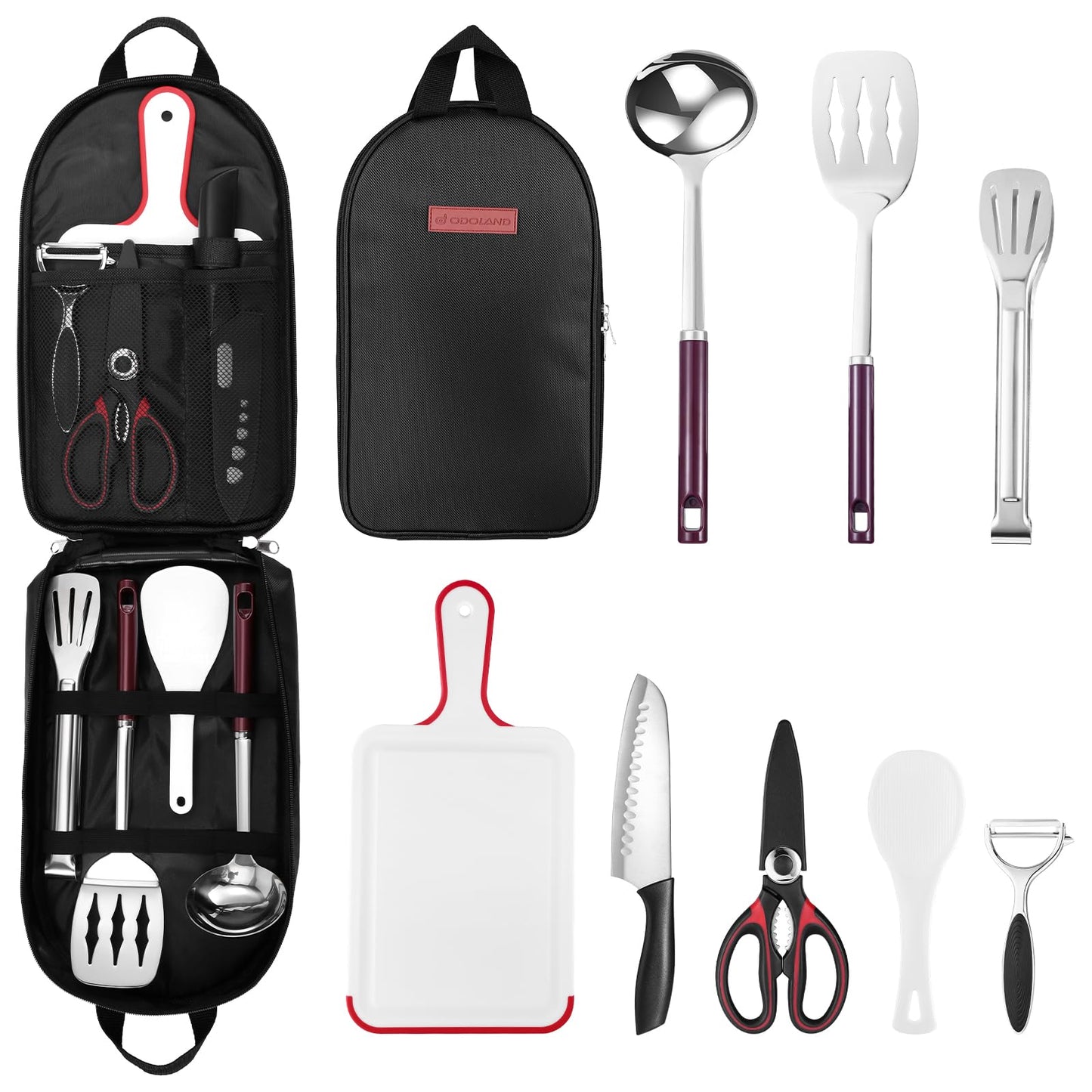 Odoland 8 Pcs Camping Cookware Utensils Travel Set, Camp Kitchen Utensil Organizer with Tongs, Scissors, Cutting Board, Rice Paddle and Water Resistant Case for Backpacking, Outdoor Camping