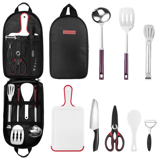 Odoland 8 Pcs Camping Cookware Utensils Travel Set, Camp Kitchen Utensil Organizer with Tongs, Scissors, Cutting Board, Rice Paddle and Water Resistant Case for Backpacking, Outdoor Camping