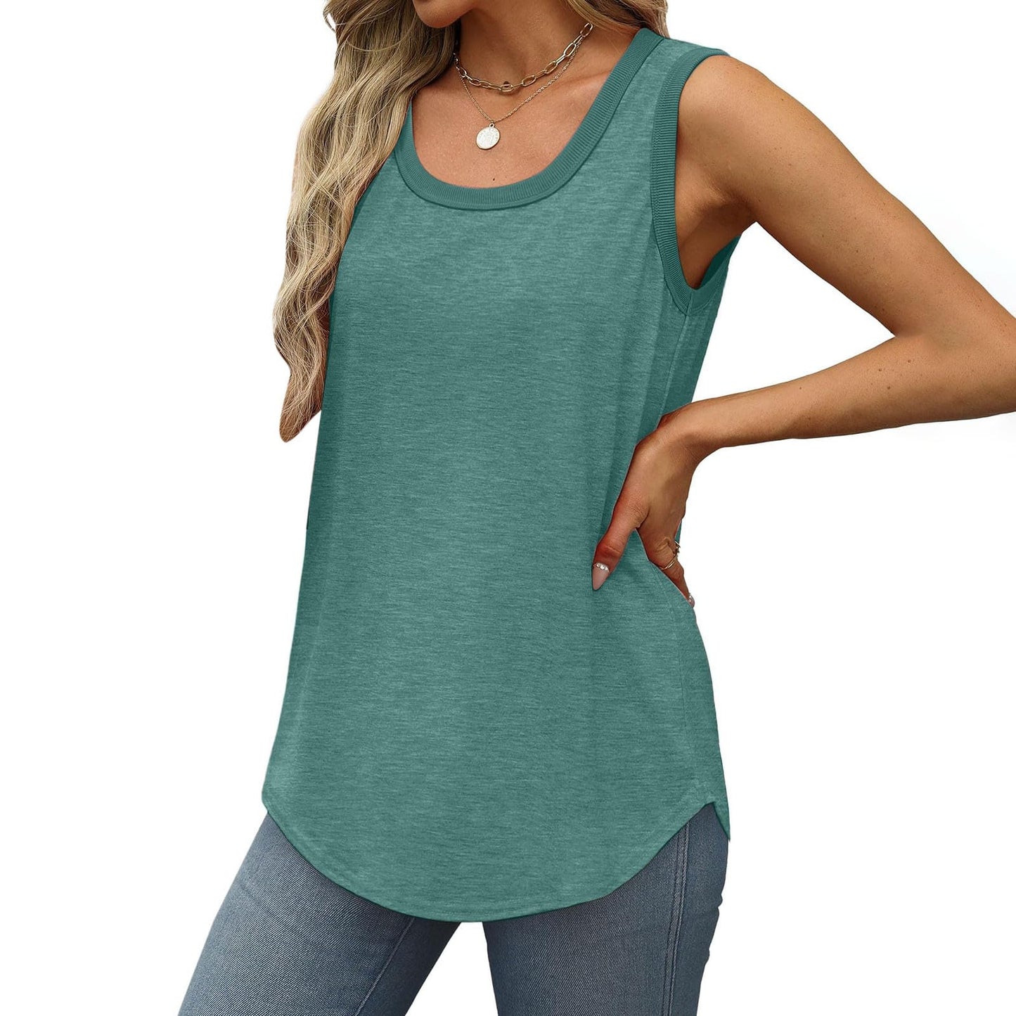 Borniu Womens Tank Tops Summer Loose Sleeveless Tops Scoop Neck Curved Hem Casual Flowy Shirt 2024 Outfits Clothes Green