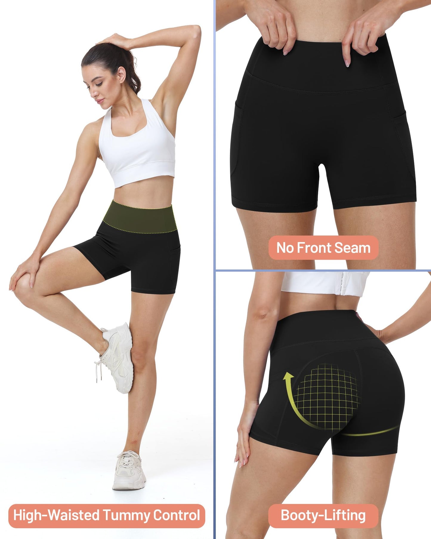 Runhit Biker Shorts Women No Front Seam Spandex Yoga Workout Gym Volleyball Running High Waisted Tummy Control Soft Compression Pockets 4" Black XS