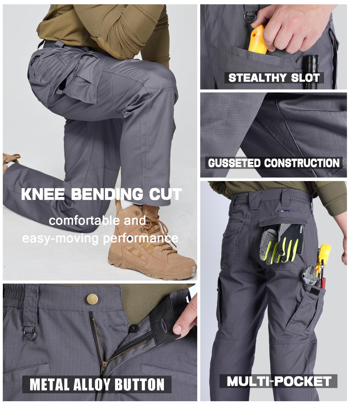 SPOSULEI Cargo Work Pants for Men Ripstop Tactical Pants Lightweight Water Resistant EDC Hiking Carpenter Hunting Pants with Multi Pockets Dark Grey 34Wx30L