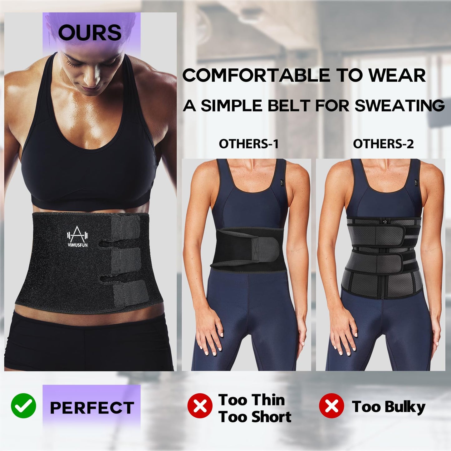 VIMUSFUN Waist Trimmer for Women Belly Fat, Sweat Waist Trainer Stomach Wraps for Weight Loss, Exercise Sweat Bands, Sauna belts Black