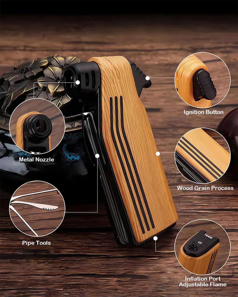 Multifunction Lighter 4 in 1 Lighters Butane Reusable Angled Soft Flame Candle Lighter (Wood grai)