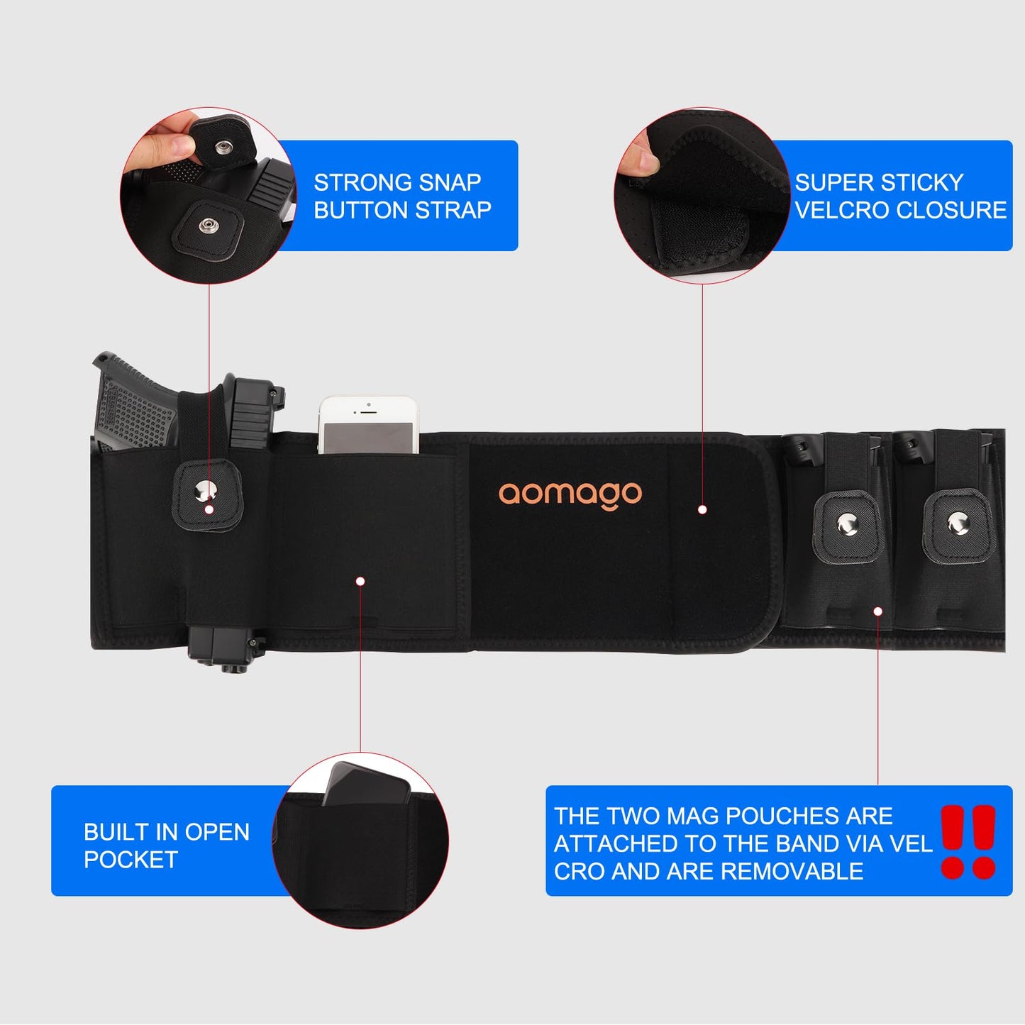 Aomago Belly Band Holsters for Men Women with Extra Mag Pouch - Small Adjustable Waistband, Gun Holster Fits Glock, Bodyguard 380, Taurus 1911, Sig Sauer, etc