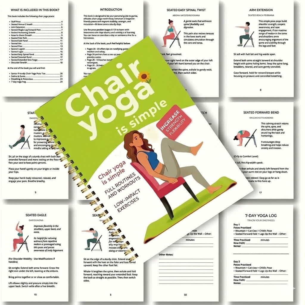 Chair Yoga for Beginners, 30-Day Guide with 60 Seated Workouts for Flexibility, Strength & Healthy Weight Support | Spiral Bound Exercise Book, 5.5 x 8.3 in, Green