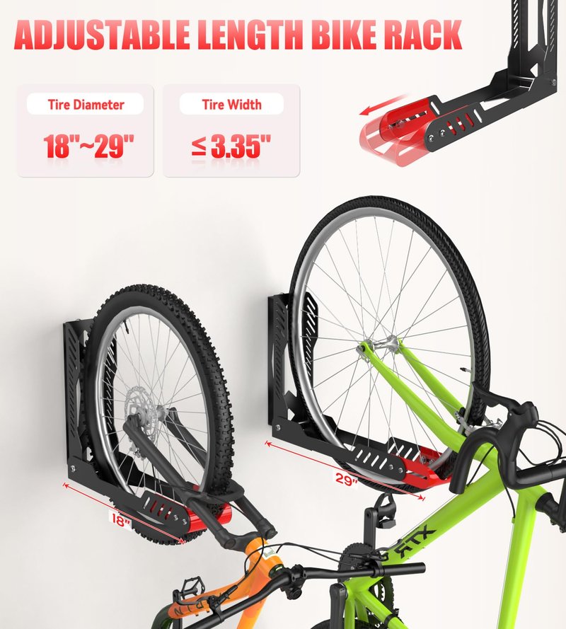 ALIXUEQIN Swivel Bike Wall Mount 2 Pack Bike Rack for Garage, No Heavy Lifting Required Wall Bike Hangers Can Holds up to 77 lbs (Black & Red)