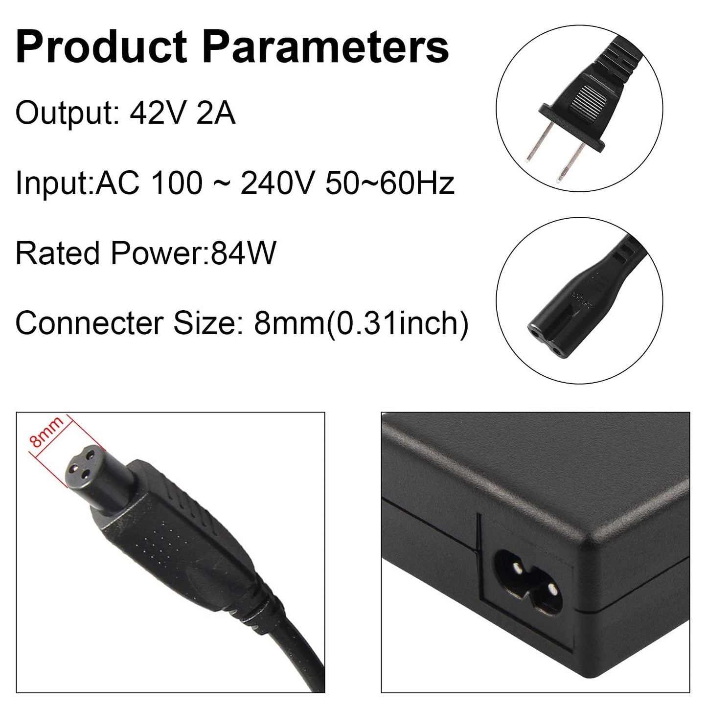 0.31inch 42V 2A Power Adapter with 3-Prong Inline Connector for Dirt Quad, Pocket Mod, Sports Mod 36V Lithium Battery Power Supply - Compact/Portable Charger