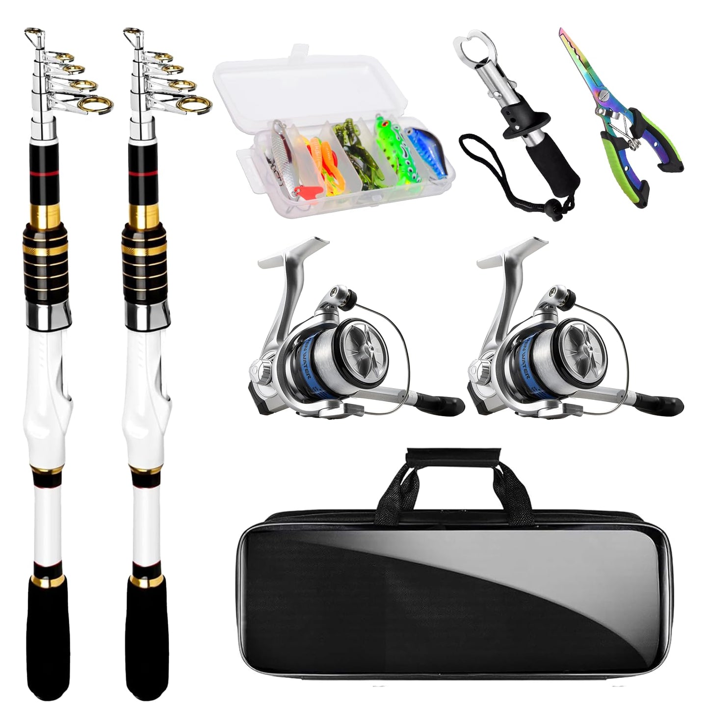 Telescopic Fishing Rod and Reel Combo, 2PCS Collapsible Fishing Pole with Spinning Reel Lures and Carrier Bag for Saltwater Freshwater Bass Fishing Gear