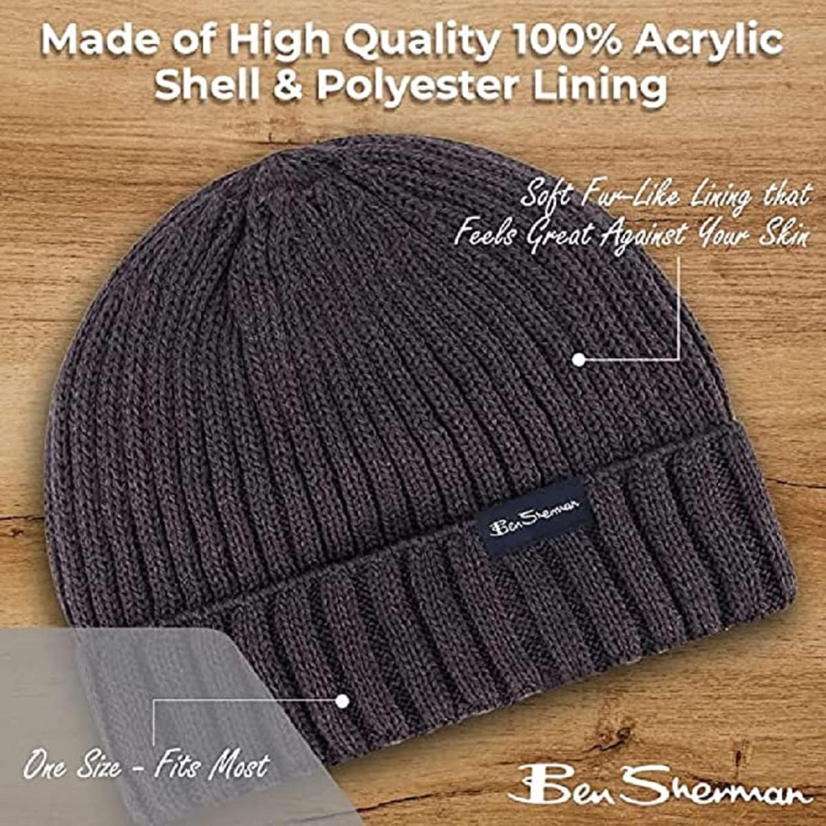 Ben Sherman Rib Knitted Mens Hats - 1-Pack Cuffed Winter Hat with Fur Lining - Warm Plush Lined Beanie Hat, Navy